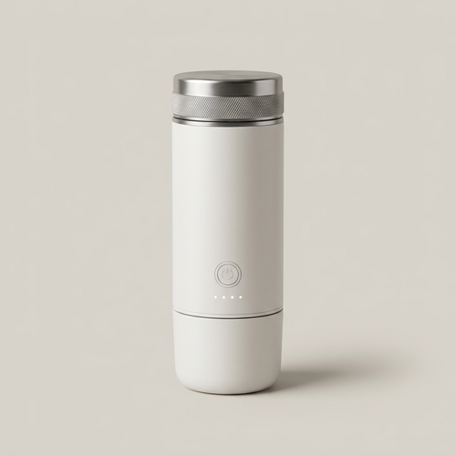 Fimorena portable espresso machine in pearl white, three-quarter studio view
