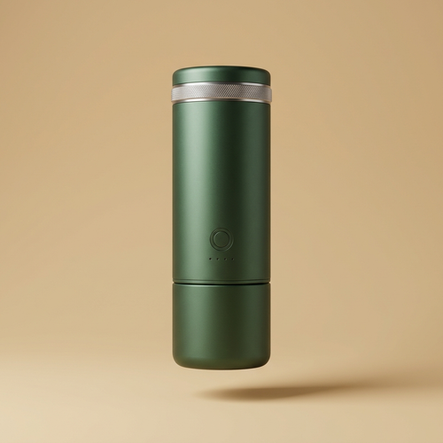 Fimorena portable espresso machine in forest green, three-quarter studio view