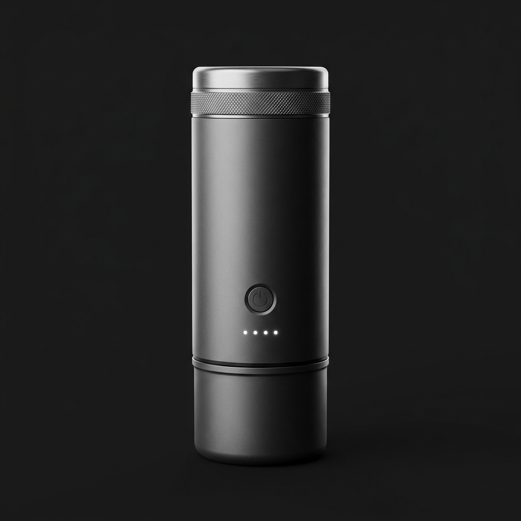 Fimorena portable espresso machine in space grey, three-quarter studio view