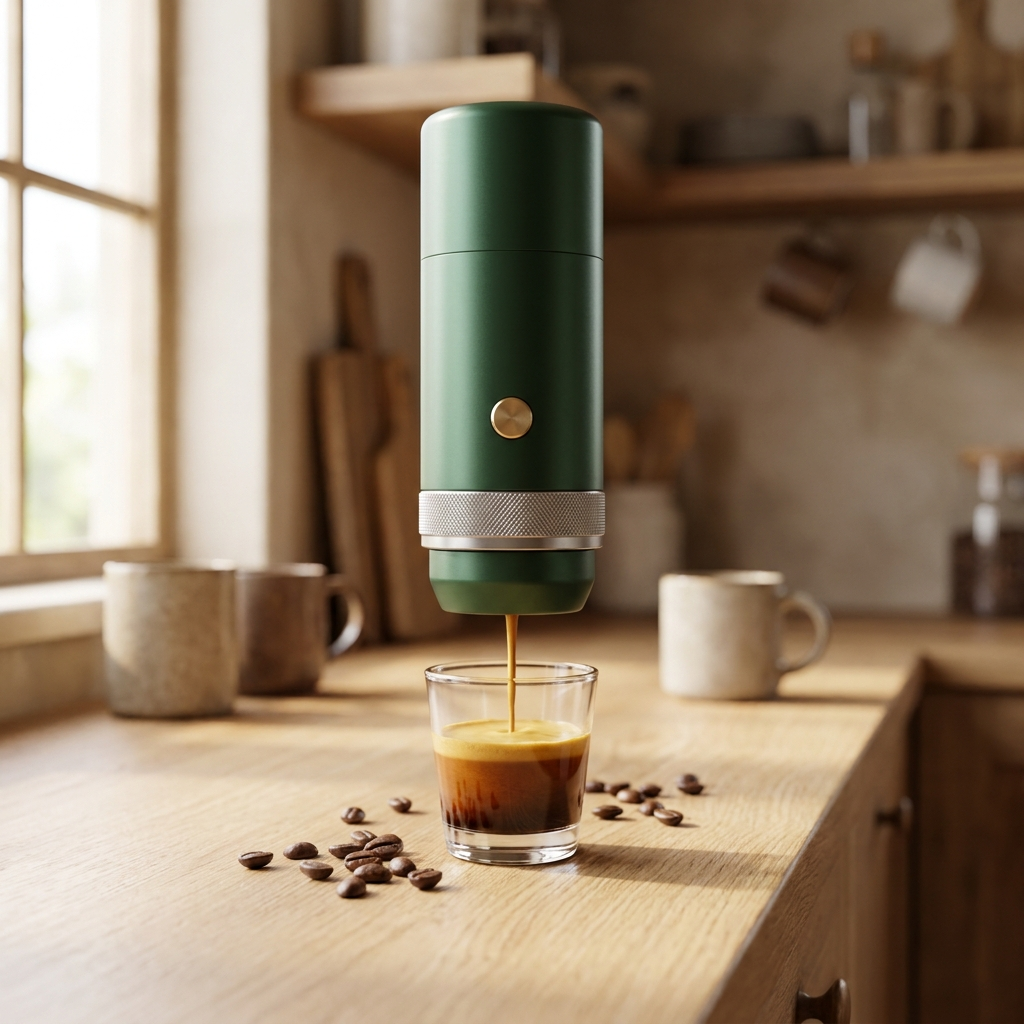 Forest green espresso machine extracting a shot into a glass on a kitchen counter
