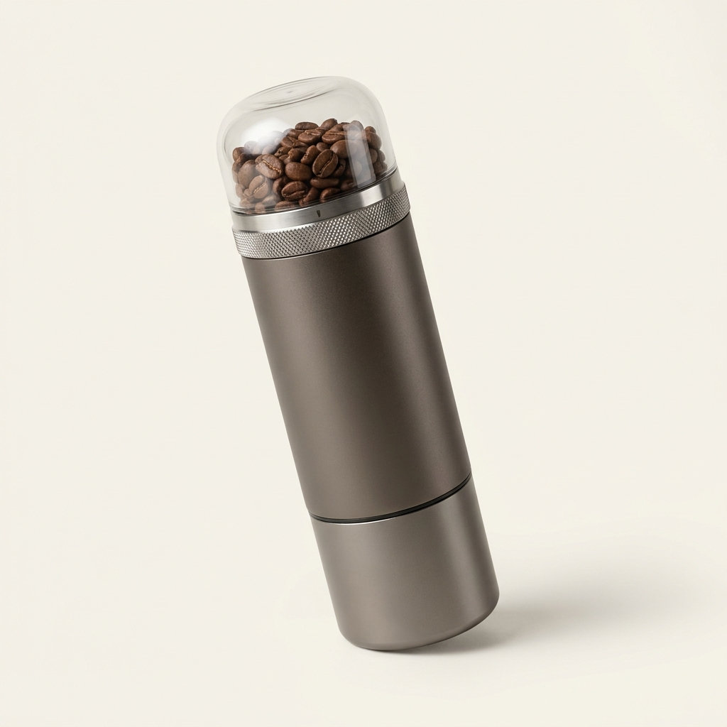 Fimorena portable electric coffee grinder with glass dome lid, studio view