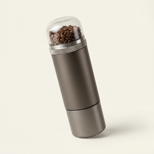 Fimorena portable electric coffee grinder with glass dome lid, studio view