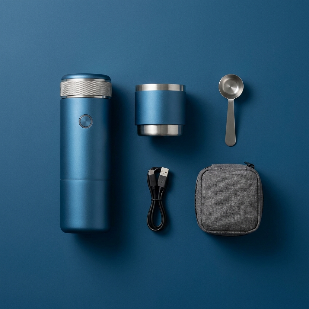 Everything in the ocean blue set laid out flat: machine, cup, scoop, cable and pouch