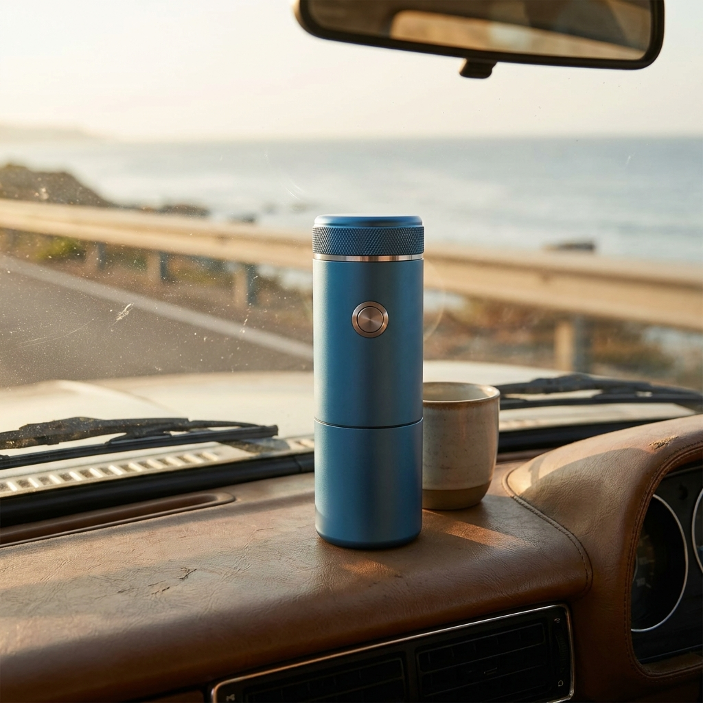 Ocean blue espresso machine on a car dashboard on a coastal road