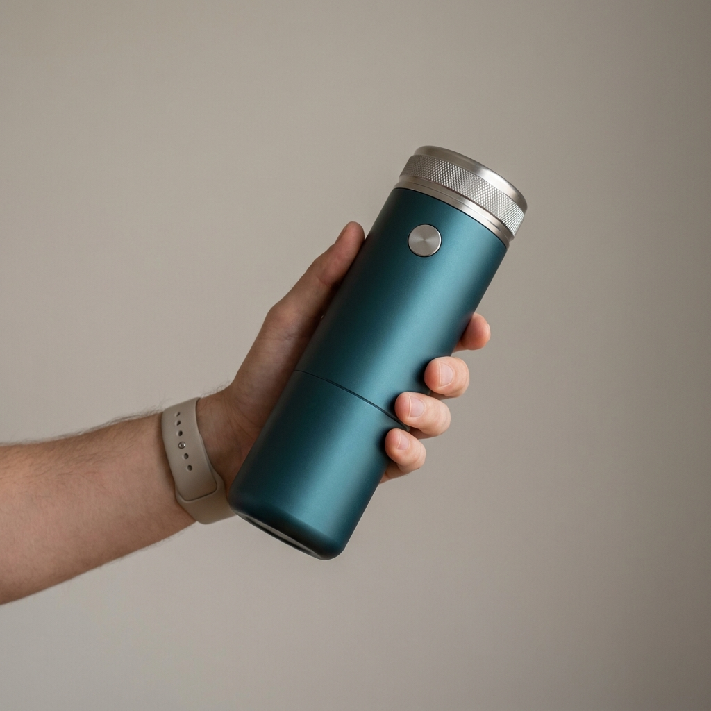 Teal espresso machine held in one hand, showing its size