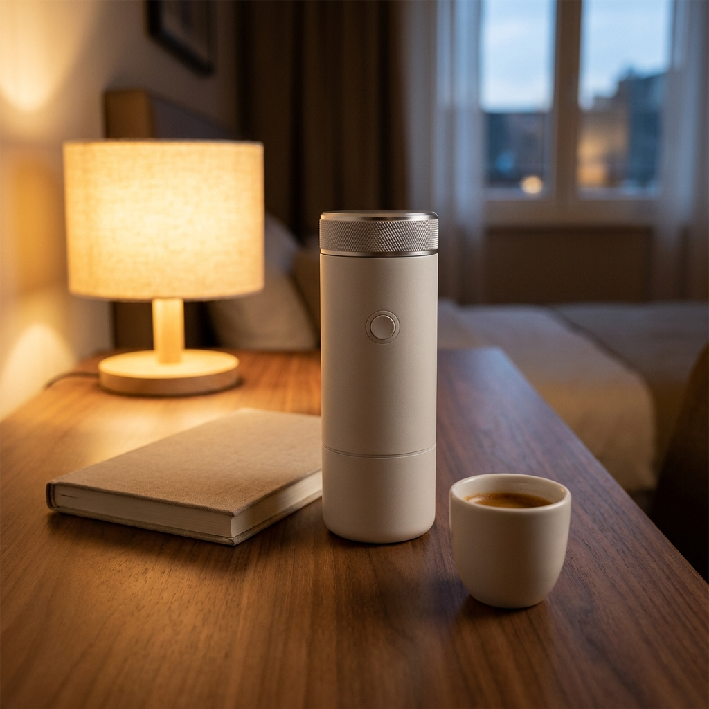 Pearl white espresso machine on a hotel desk beside a notebook and a cup