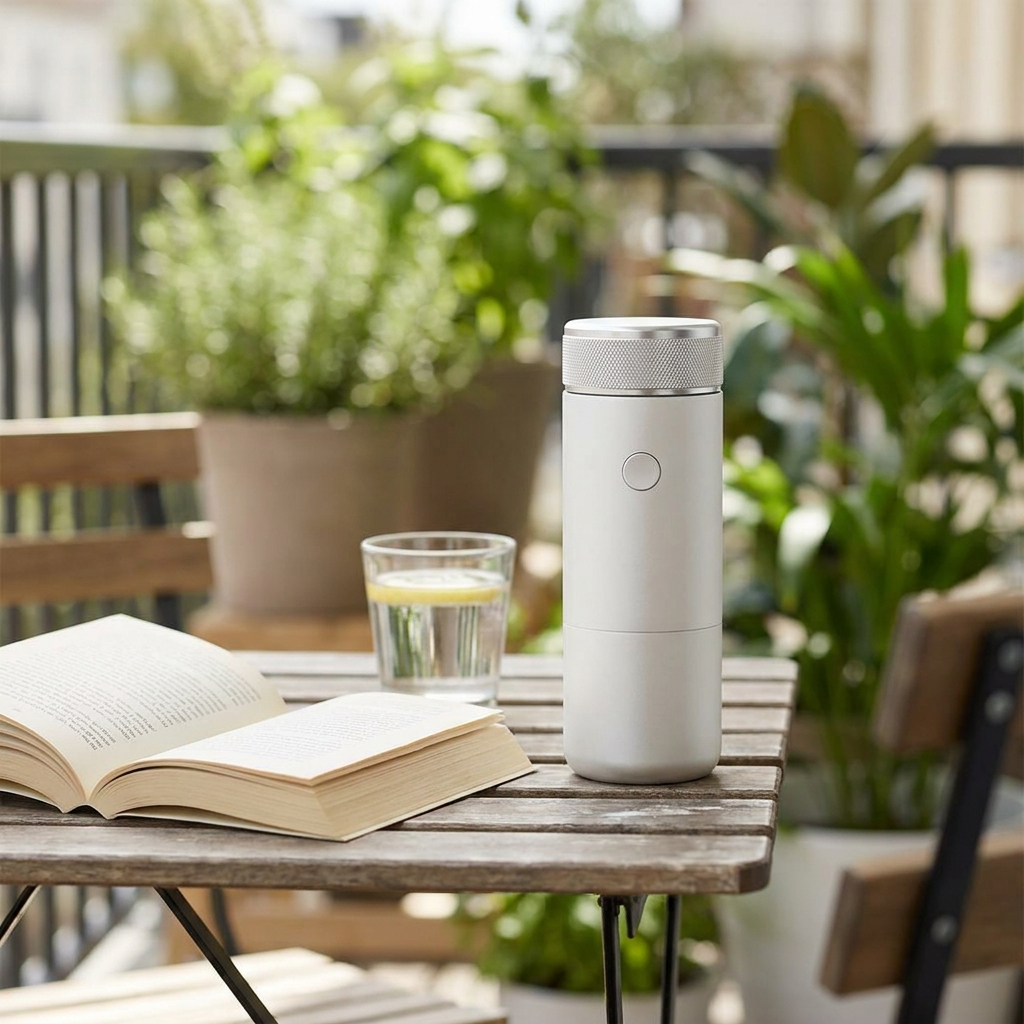 Pearl white espresso machine on a balcony table beside an open book
