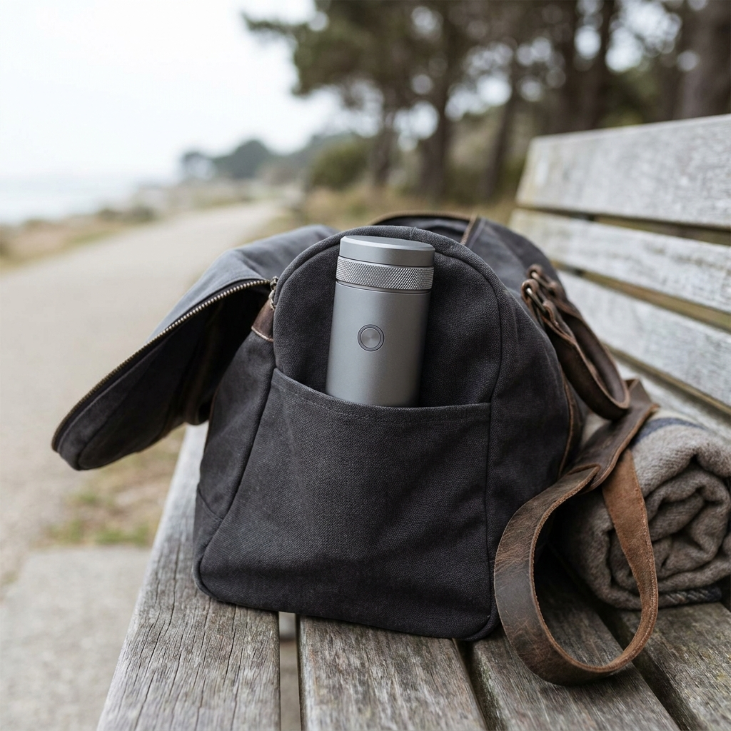 Space grey espresso machine packed upright in the side pocket of a canvas bag