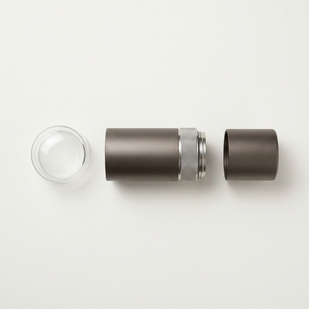 The grinder separated into its three parts: glass lid, body and grounds cup