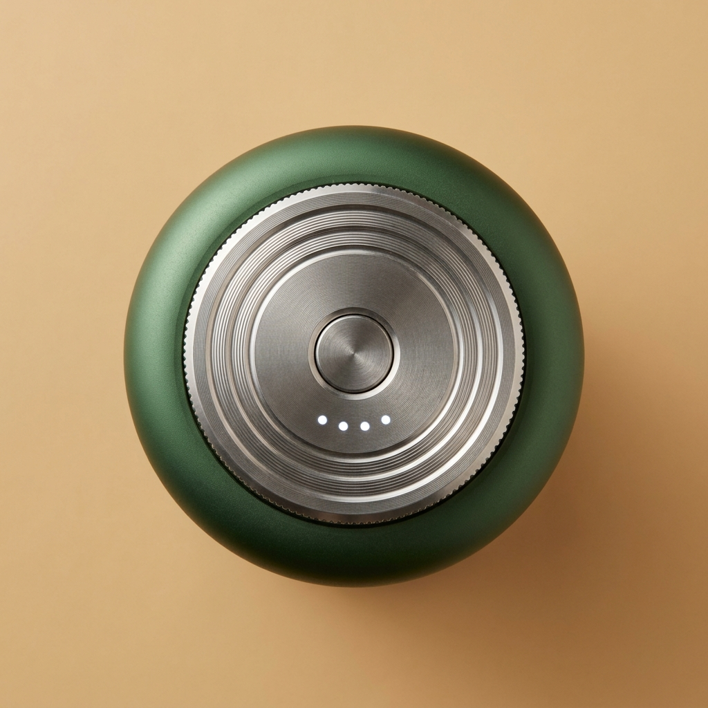 Top-down view of the knurled stainless collar on the forest green espresso machine