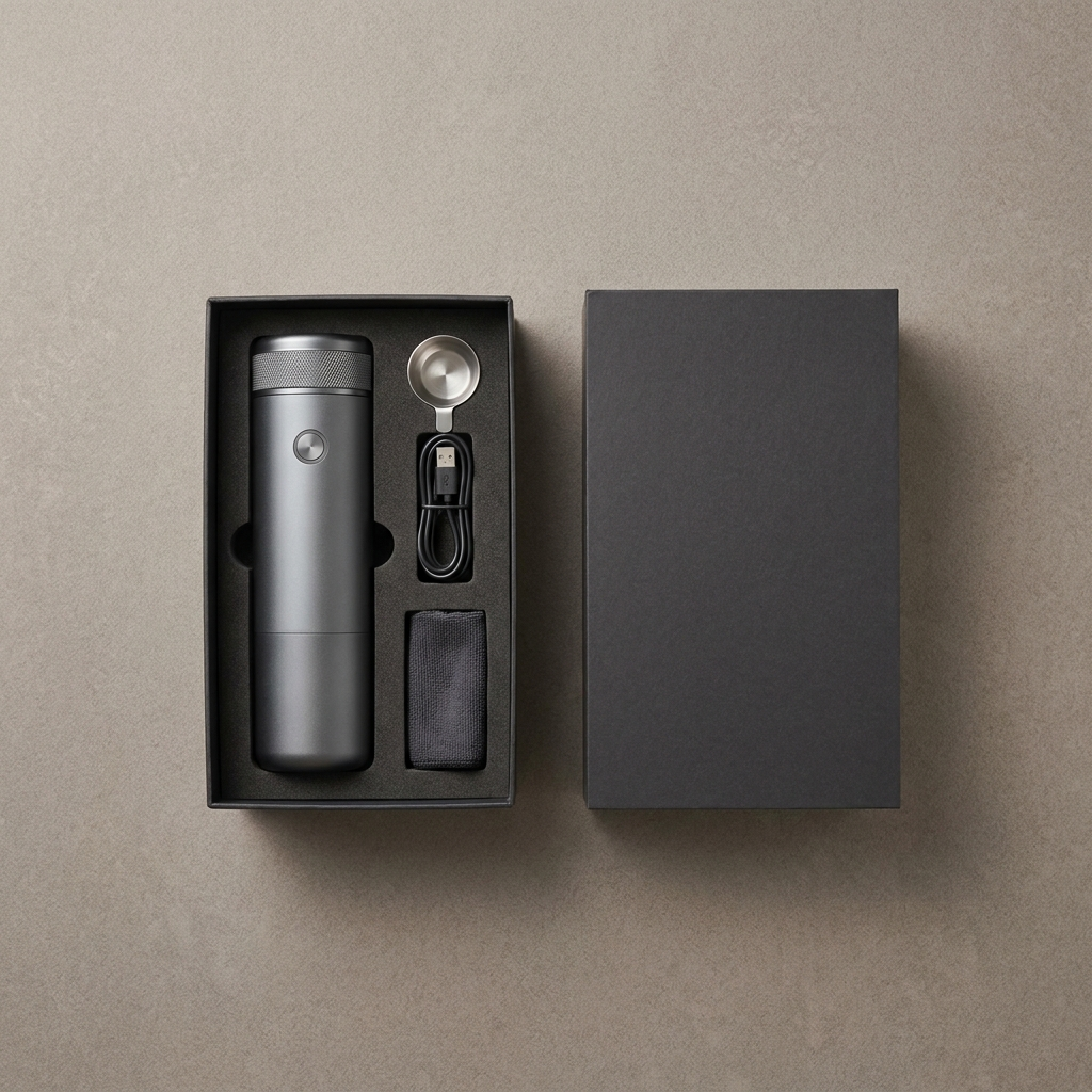 The space grey gift set in its open box with scoop, cable and cloth in fitted cut-outs