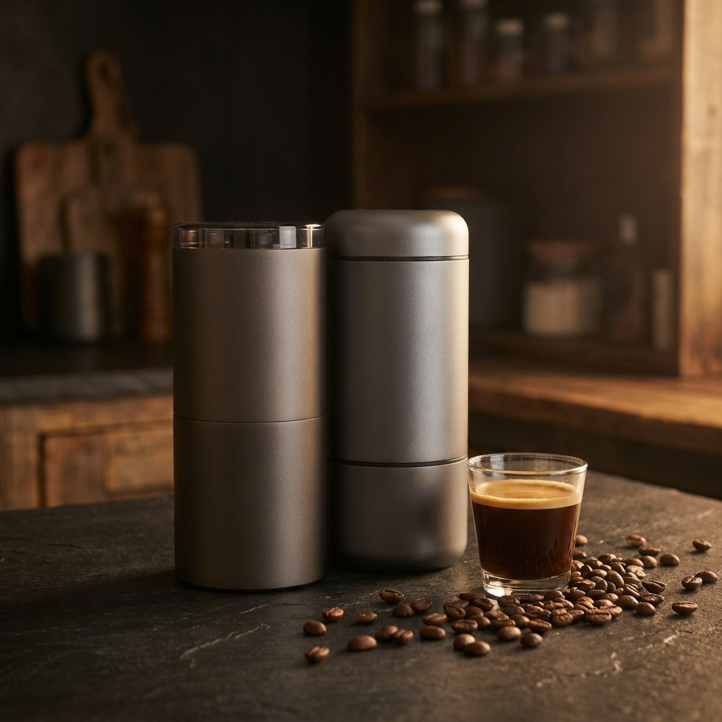 The grinder standing beside a portable espresso machine as a travel brewing pair