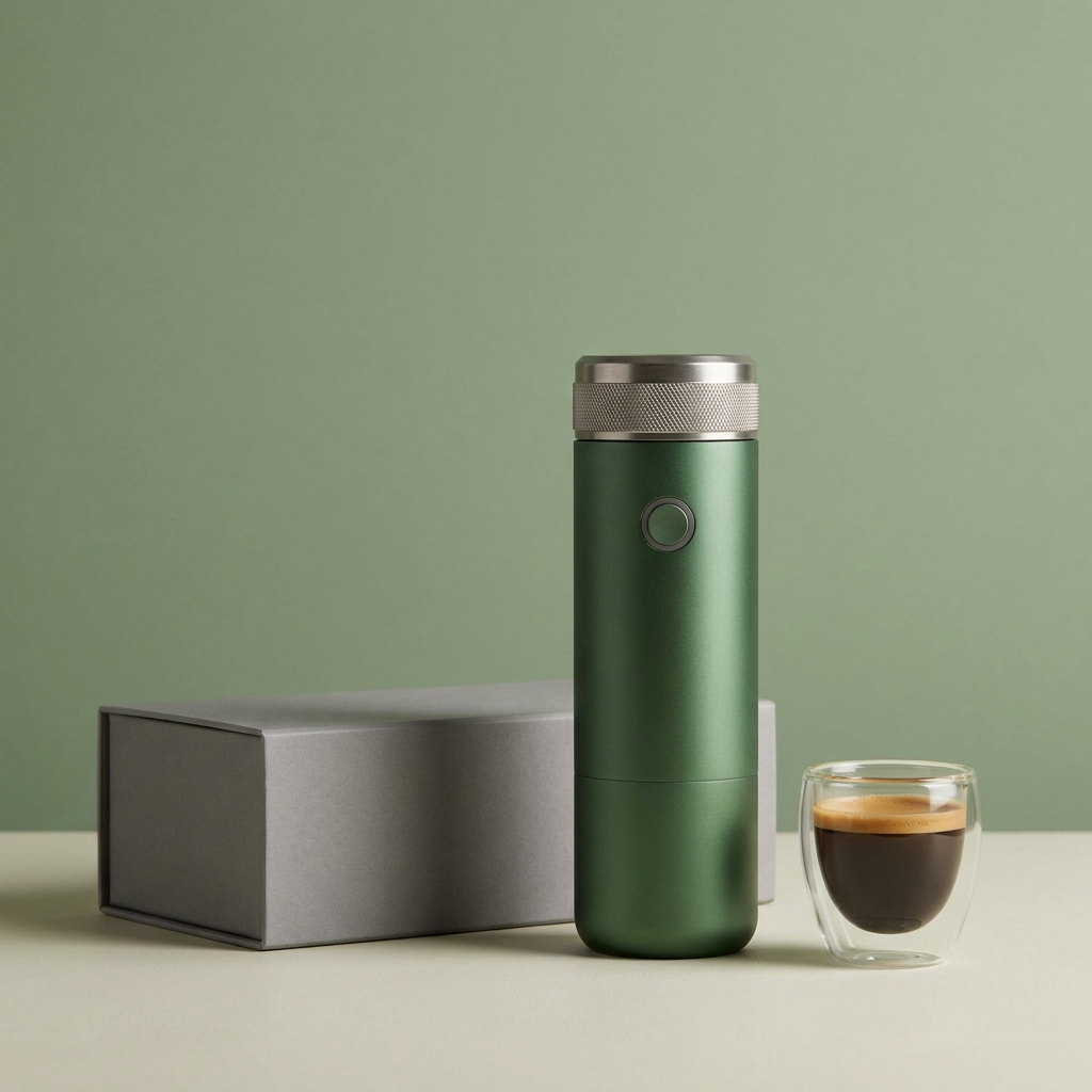 Forest green espresso machine beside its closed gift box and a fresh shot