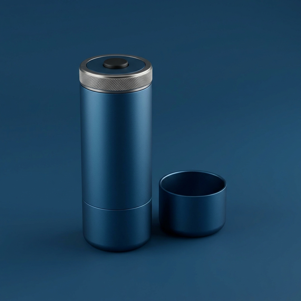 Ocean blue espresso machine with its detachable base cup separated
