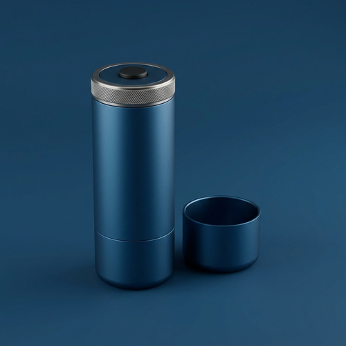 Ocean blue espresso machine with its detachable base cup separated