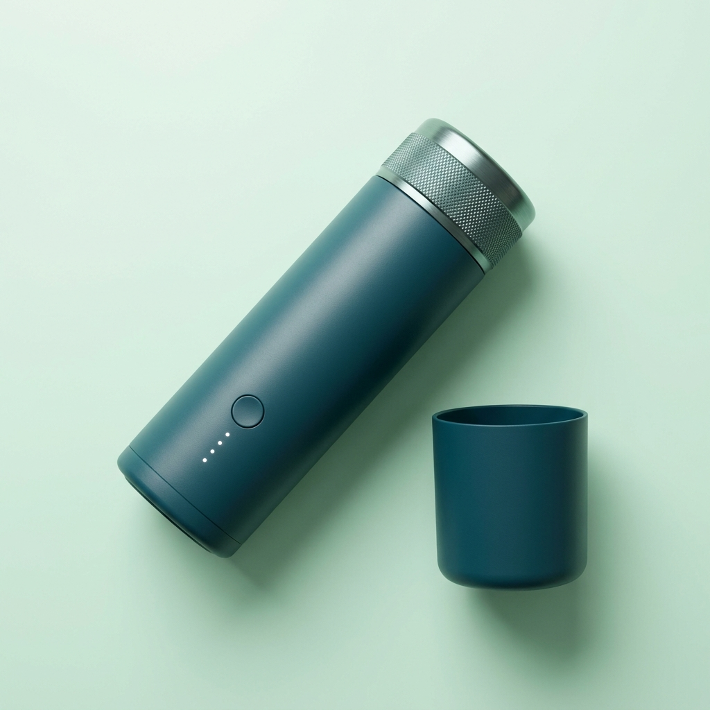 Teal espresso machine photographed from above with its base cup beside it