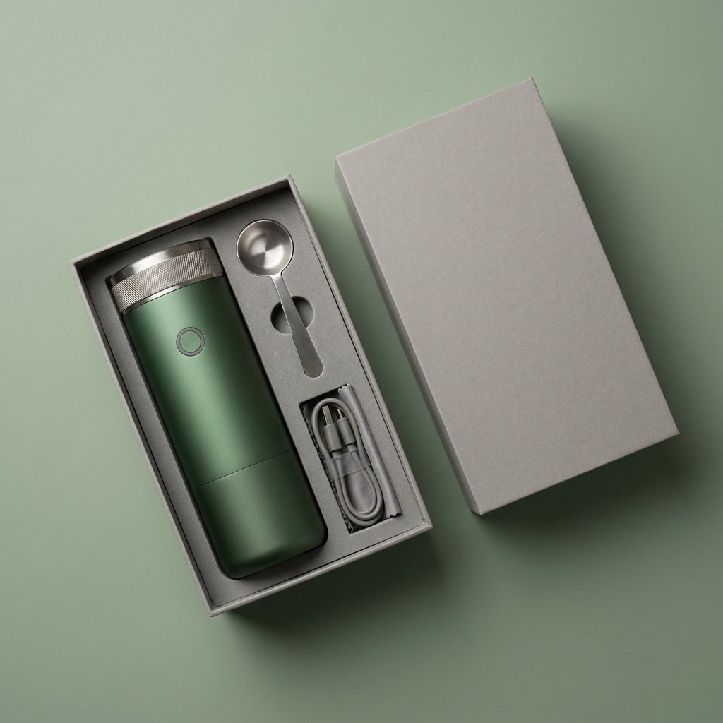 The forest green gift set in its open box with scoop, cable and cloth in fitted cut-outs