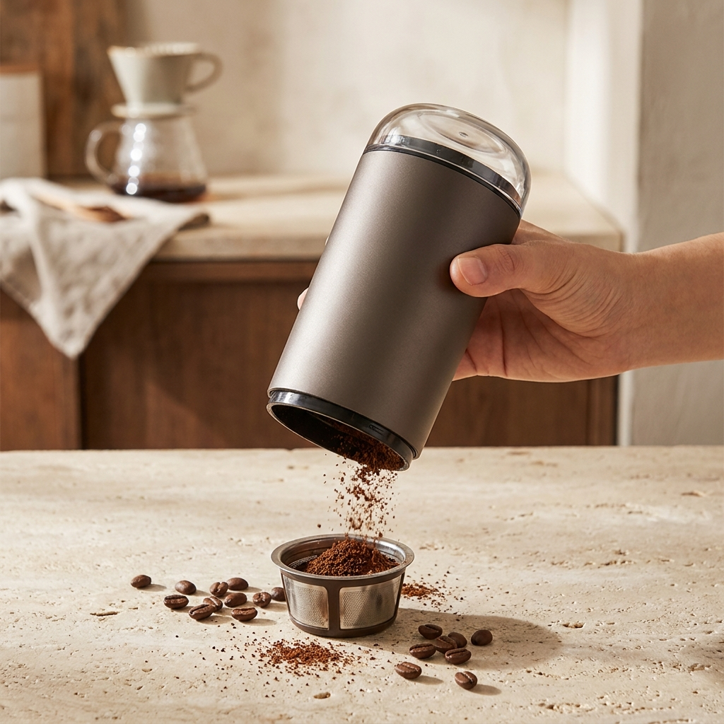 Tipping fresh grounds from the grinder into a filter basket