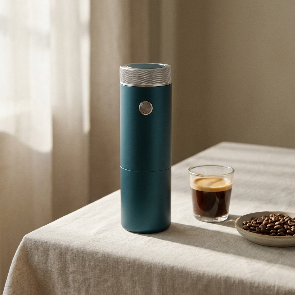 Teal espresso machine on a linen tablecloth beside a fresh shot and whole beans