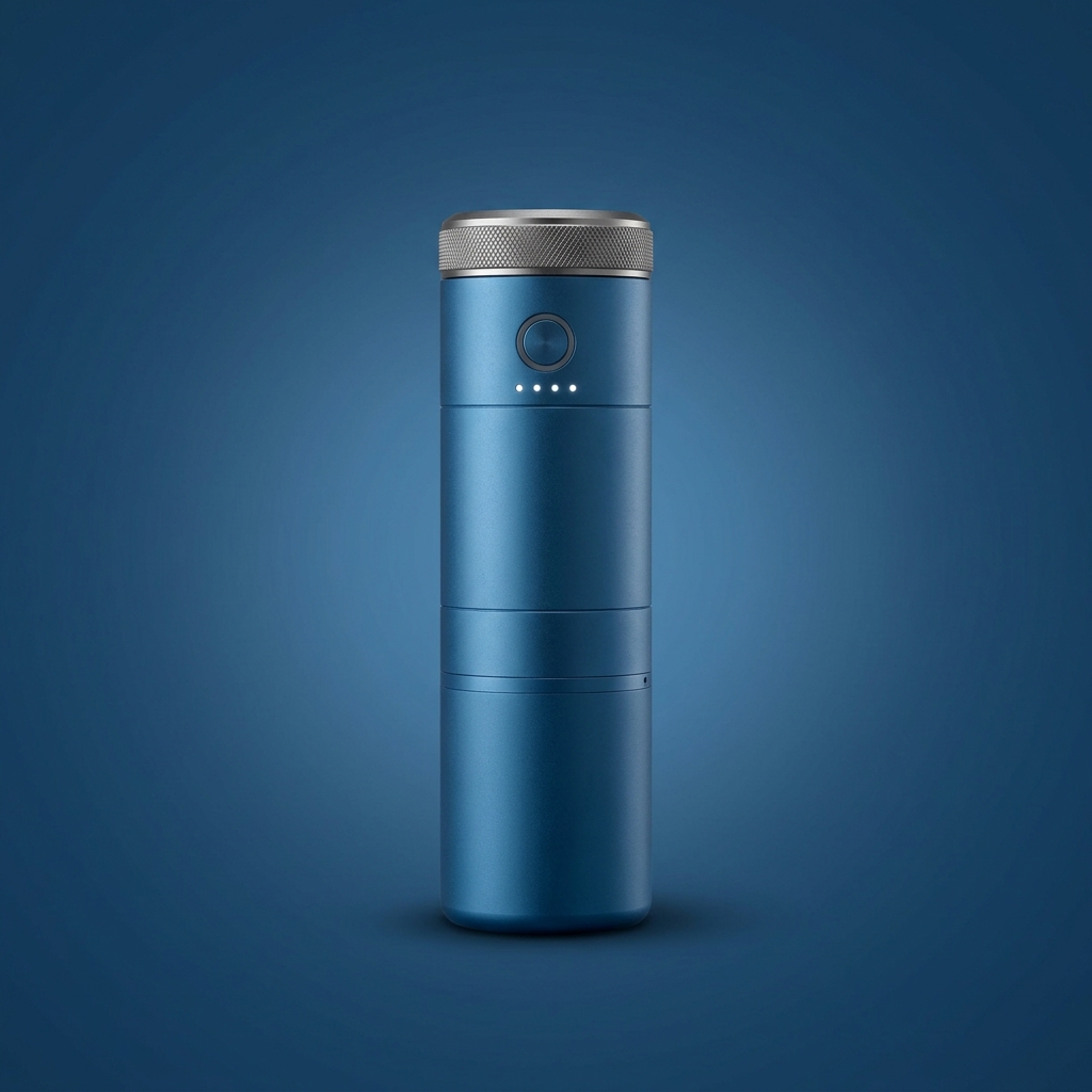 Fimorena portable espresso machine in ocean blue, side elevation