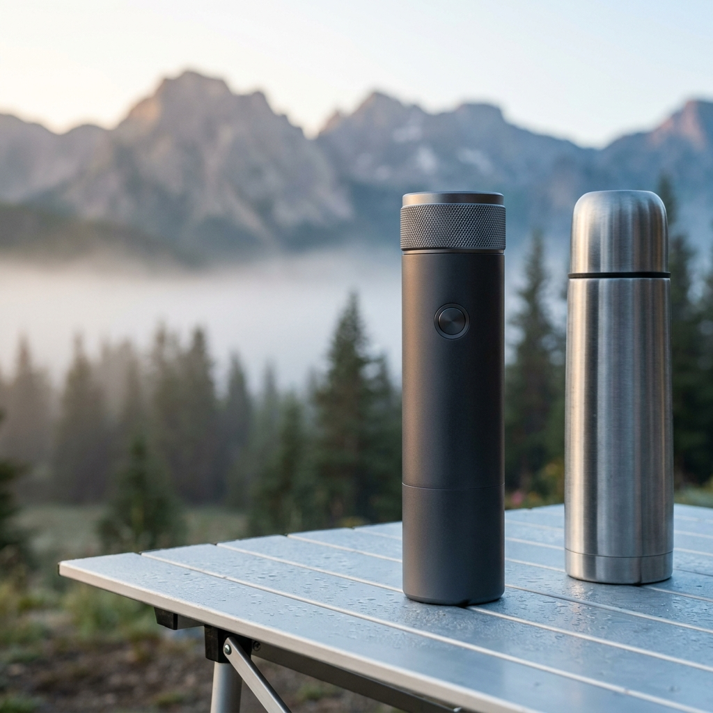 Space grey espresso machine on a camp table at dawn beside a vacuum flask