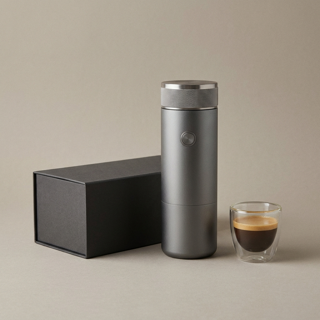 Space grey espresso machine beside its closed gift box and a fresh shot