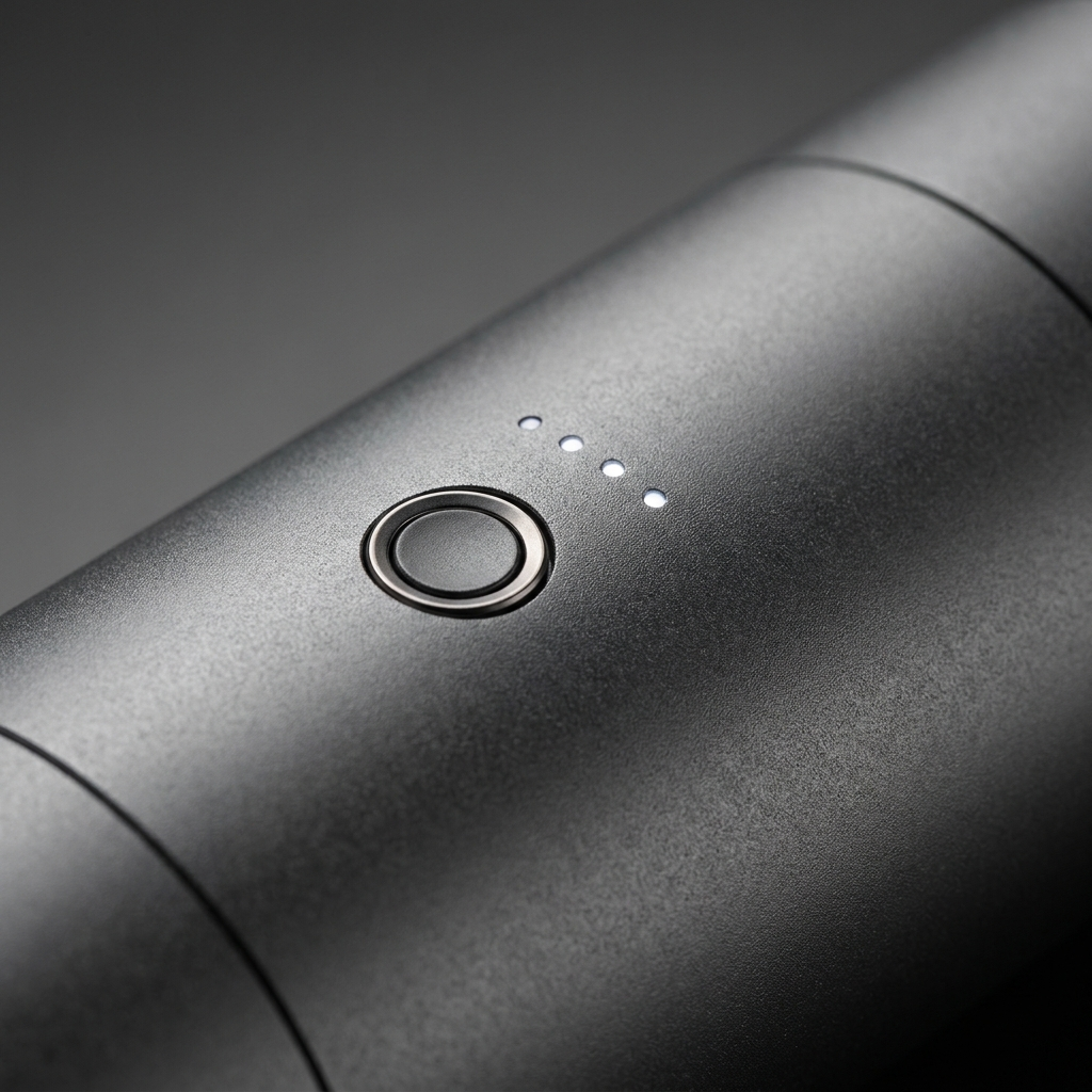 Close detail of the single power button and four LED charge indicators