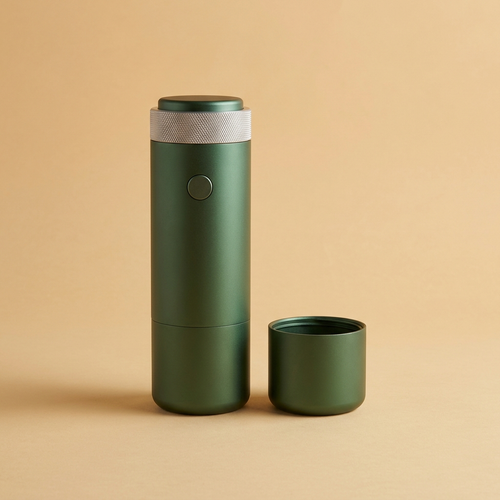 Forest green espresso machine with its detachable base cup separated